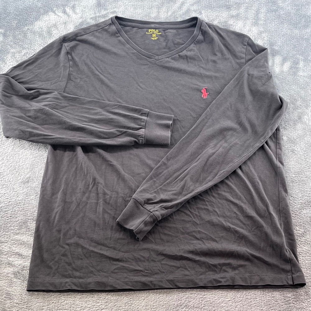 Polo Ralph Lauren Mens V-Neck Long Sleeve T-Shirt Gray Red Pony Size M